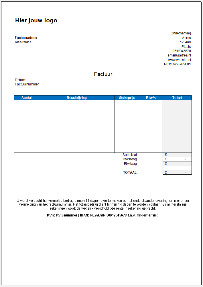 Voorbeeldfactuur Excel